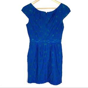 BCBGMaxazria cap sleeve royal blue knee length lace dress size 4P 4 petite